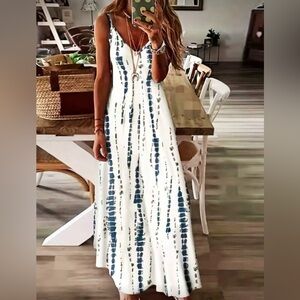 SHEIN White Maxi Dress with Blue Tie-Dye Stripes